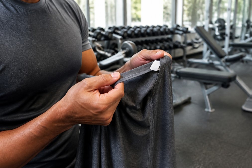Close-up of an athlete's hands inspecting the reinforced seam and fabric label of a high-quality performance t-shirt in a bright gym setting