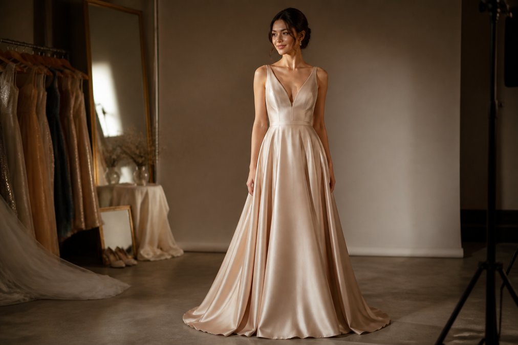 Woman in an elegant floor-length A-line evening gown in soft champagne fabric, standing in warm studio lighting that highlights the silhouette's graceful drape from waist to floor