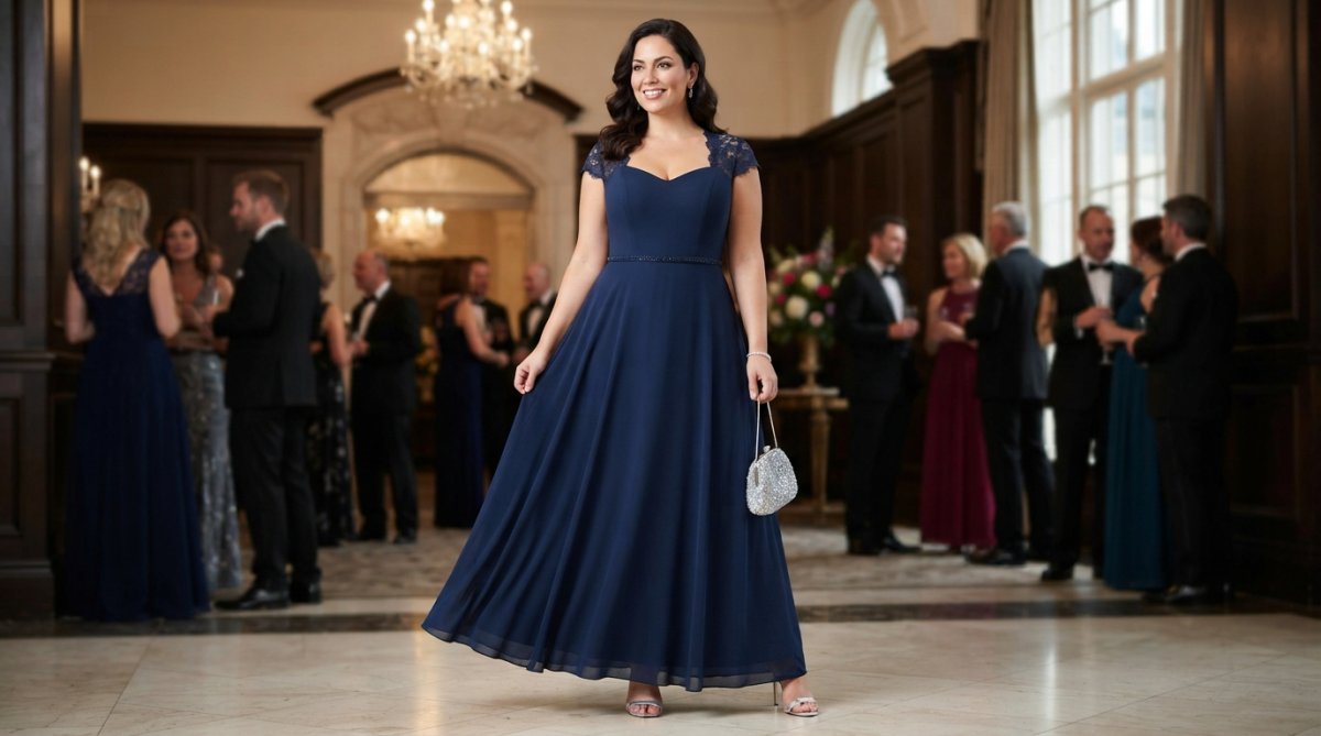 Mujer con un vestido de noche de corte evasé, con corpiño ceñido y cintura definida, que muestra cómo la silueta se aleja de las caderas y los muslos mientras dirige la atención hacia arriba mediante hombros estructurados y adornos
