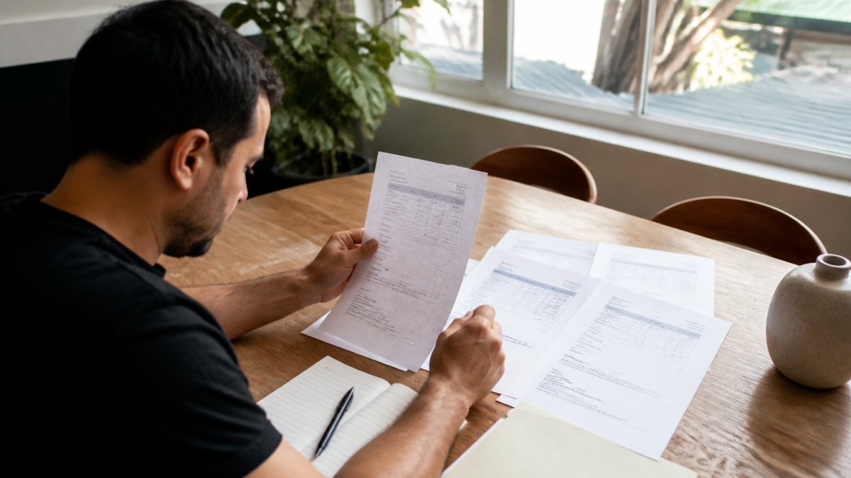 A person reviewing printed catering quote documents at a wooden table with a notebook and pen, natural light from a window
