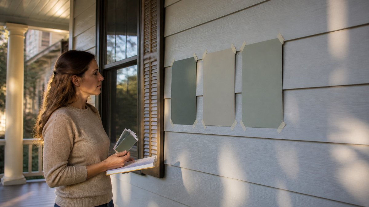 A homeowner standing on a front porch comparing large painted color swatches taped to wood siding, with a notebook and paint samples in hand, soft afternoon light