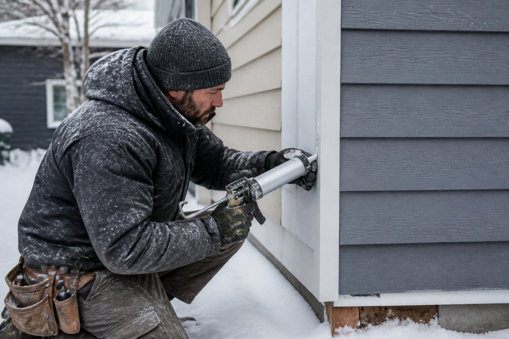 A contractor in winter gear installing fiber cement siding on a house exterior, snow on the ground, caulking gun in hand, working carefully at a corner joint