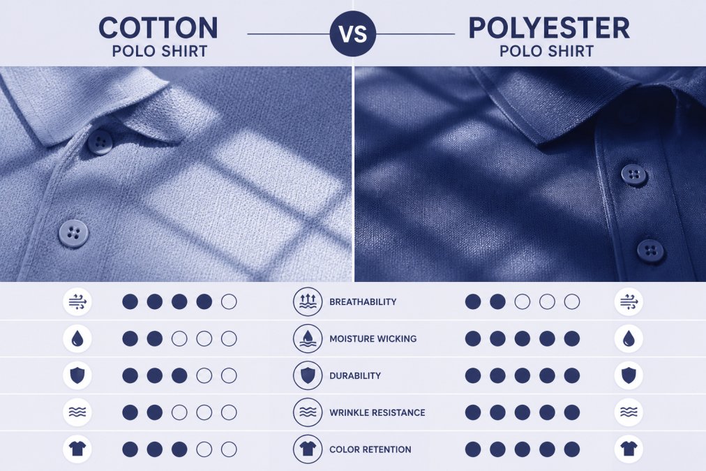 Comparison diagram of cotton and polyester fabric textures for custom company polos