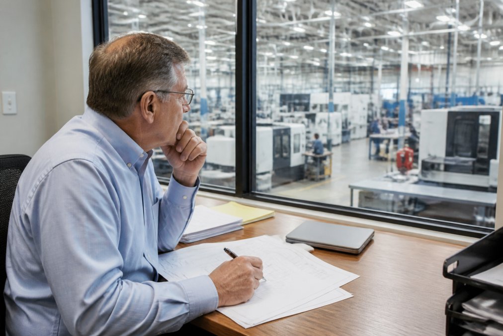 Manufacturing leader analyzing production KPIs on factory automation software in a modern office.