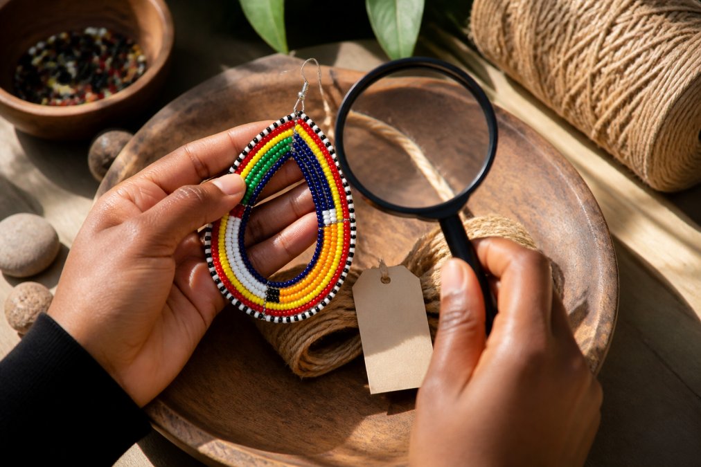 Close-up of hands examining a beaded necklace with a magnifying glass, studying certification labels and brand tags on natural materials in bright natural lighting