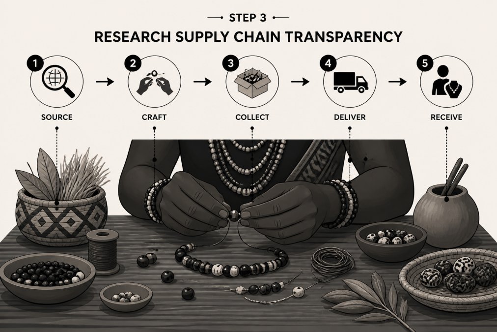 Artisan hands carefully crafting beaded jewelry at a wooden workbench surrounded by natural materials, showing the handmade process and cultural authenticity in warm natural light