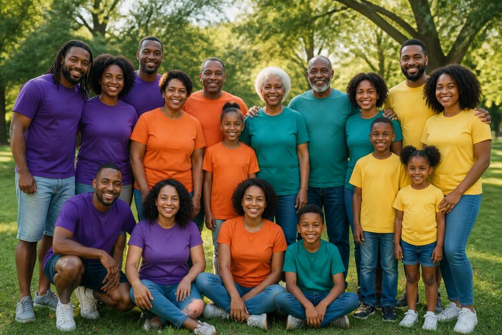 Diverse family group wearing matching t-shirts in coordinated bold colors at an outdoor reunion, smiling and posed together with clear visibility of shirt colors in bright natural daylight