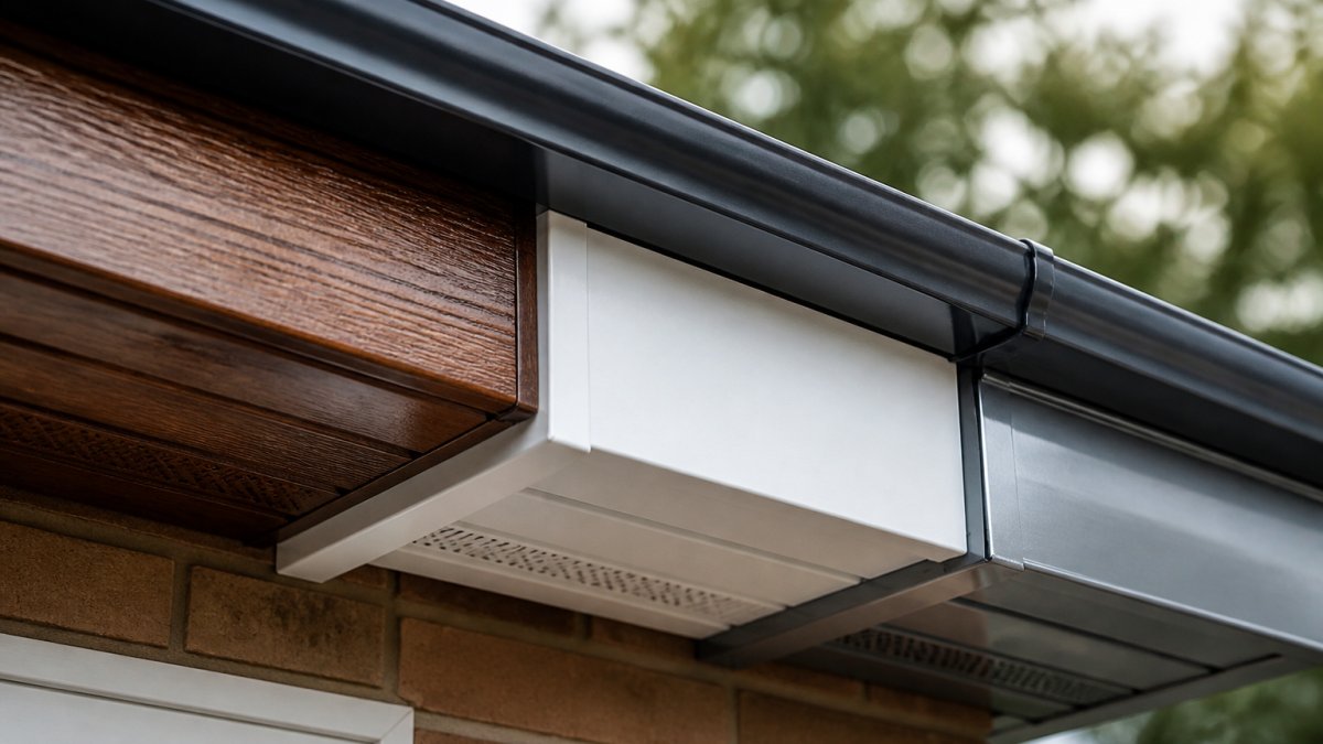 Close-up of different fascia and soffit material samples showing wood grain texture, white uPVC finish, and metallic aluminium surface mounted on residential roofline with guttering visible