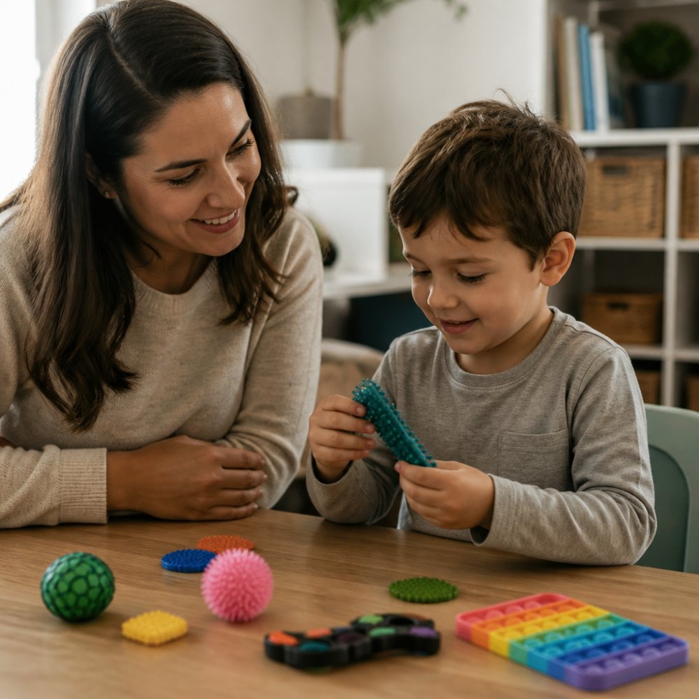 A parent and child sitting together at a table, the child holding a small textured fidget tool while the parent watches warmly, with a few different sensory toys arranged nearby in a bright home setting