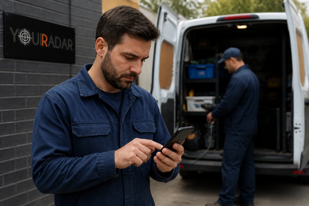 Field technicians using a field service management platform on mobile devices during an on-site installation.