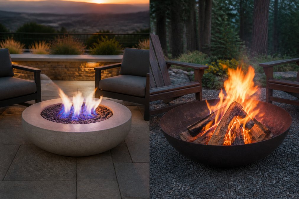 A luxury backyard at dusk with a sleek round gas fire pit glowing with blue and orange flames, surrounded by modern outdoor lounge chairs on a stone patio