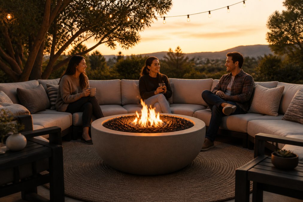 A well-designed outdoor living space with a round fire bowl as the centerpiece, surrounded by cushioned sectional seating, soft string lights overhead, and three guests relaxing and talking around the fire at golden hour