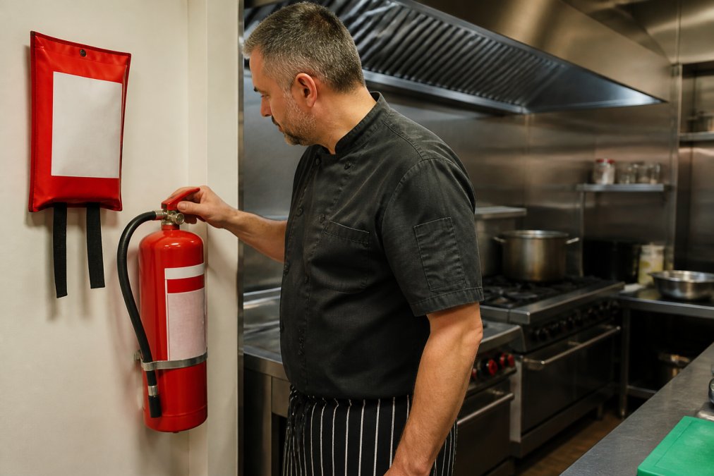 Business owner inspecting fire safety equipment in a commercial kitchen with a fire blanket nearby