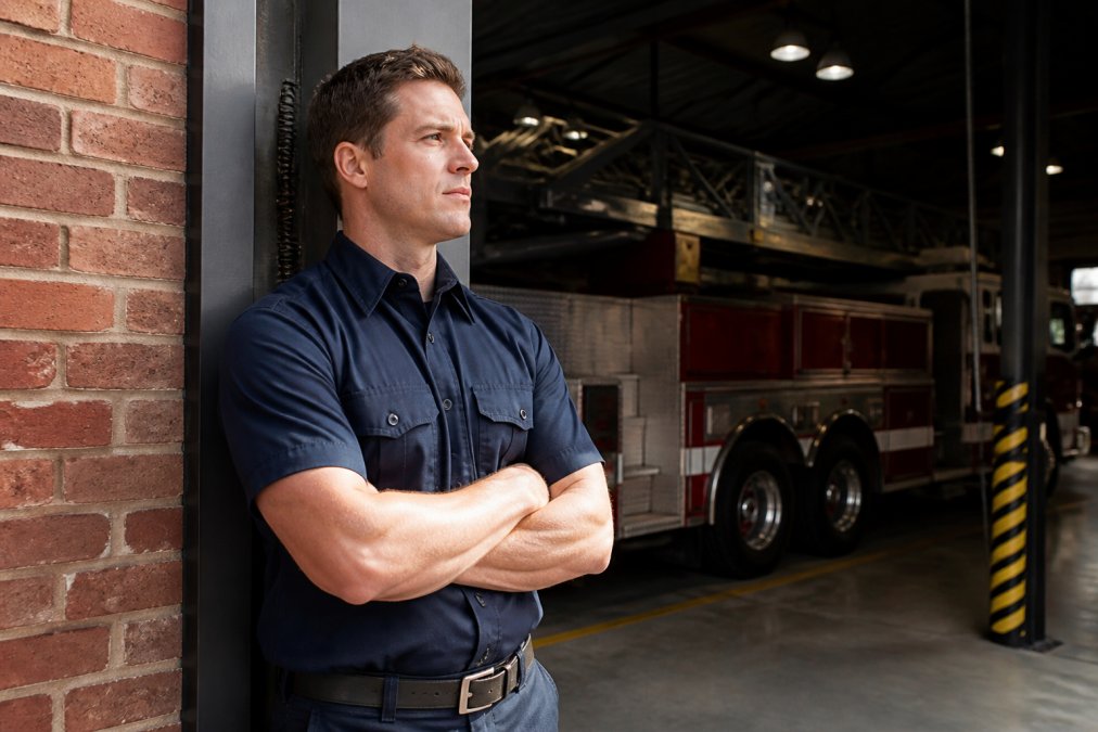 A firefighter in a fitted, professional station uniform shirt standing by an apparatus bay door, arms crossed, natural daylight