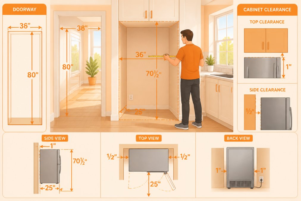 Homeowner in modern kitchen measuring refrigerator space with tape measure, showing kitchen doorway dimensions and cabinet clearance, natural daylight from windows
