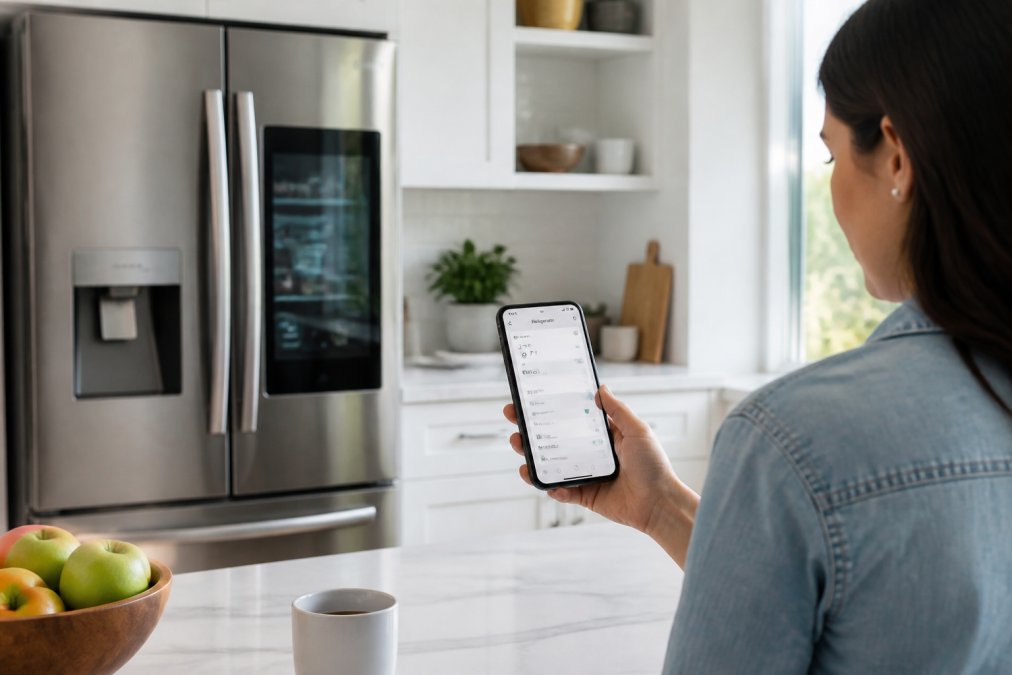 Person in modern kitchen using smartphone app to control smart refrigerator while standing at counter, showing app interface on screen with real-time notifications and settings, bright natural lighting