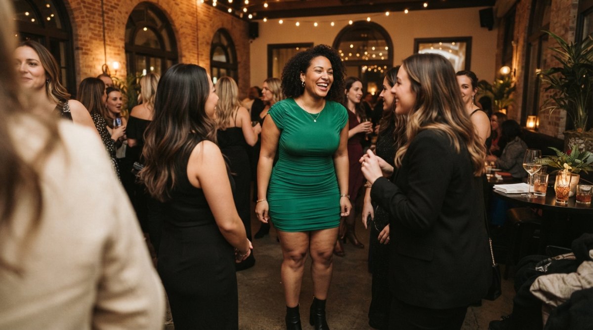 Woman with curvy figure wearing a bodycon mini dress with strategic ruching and bold color, posing confidently in warm event lighting with architectural background