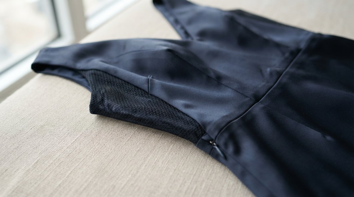 Close-up of dress fabric textures showing liquid satins with subtle sheen, structured mesh panels, and precision seaming details on neutral background with professional lighting