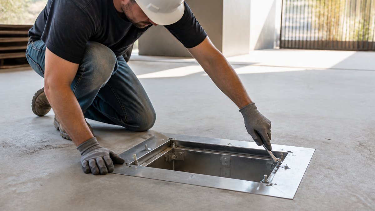 Professional contractor installing a recessed floor door into a concrete slab, securing the installation frame with bolts while positioning it flush with the finished floor level, natural daylight lighting the work area