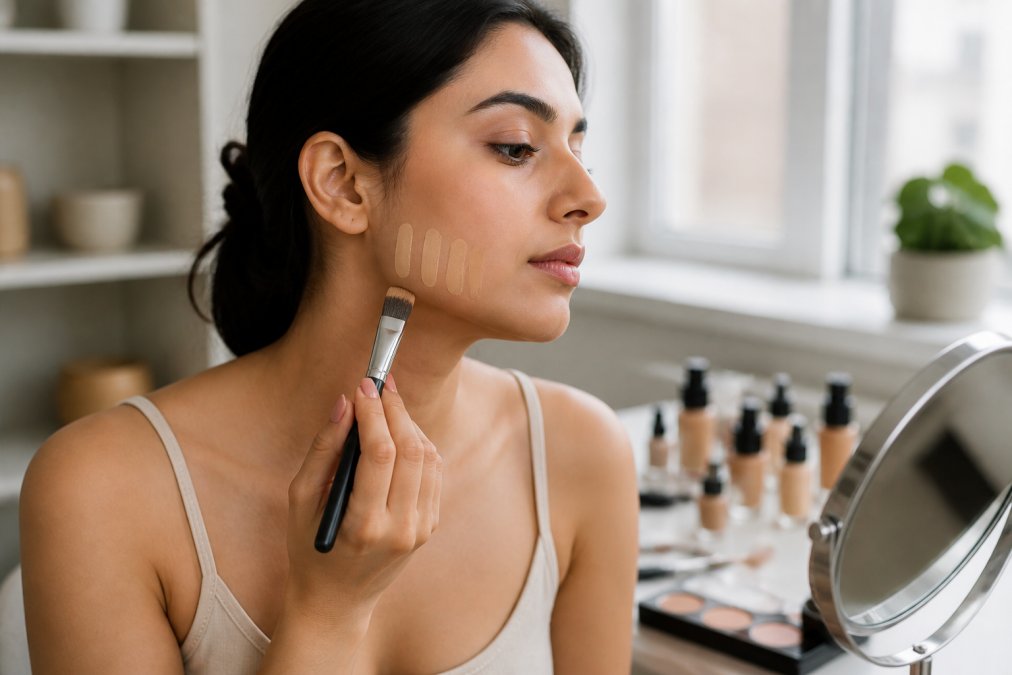 Close-up of a woman's hand applying three foundation swatches along her jawline in soft natural window light, holding a flat foundation brush, with a small mirror nearby
