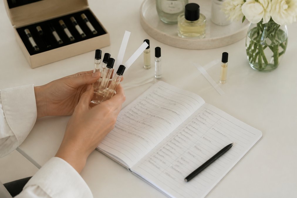 Person's hands holding multiple fragrance sample vials and testers arranged on a white surface, with handwritten notes on paper nearby tracking scent impressions and dry down times