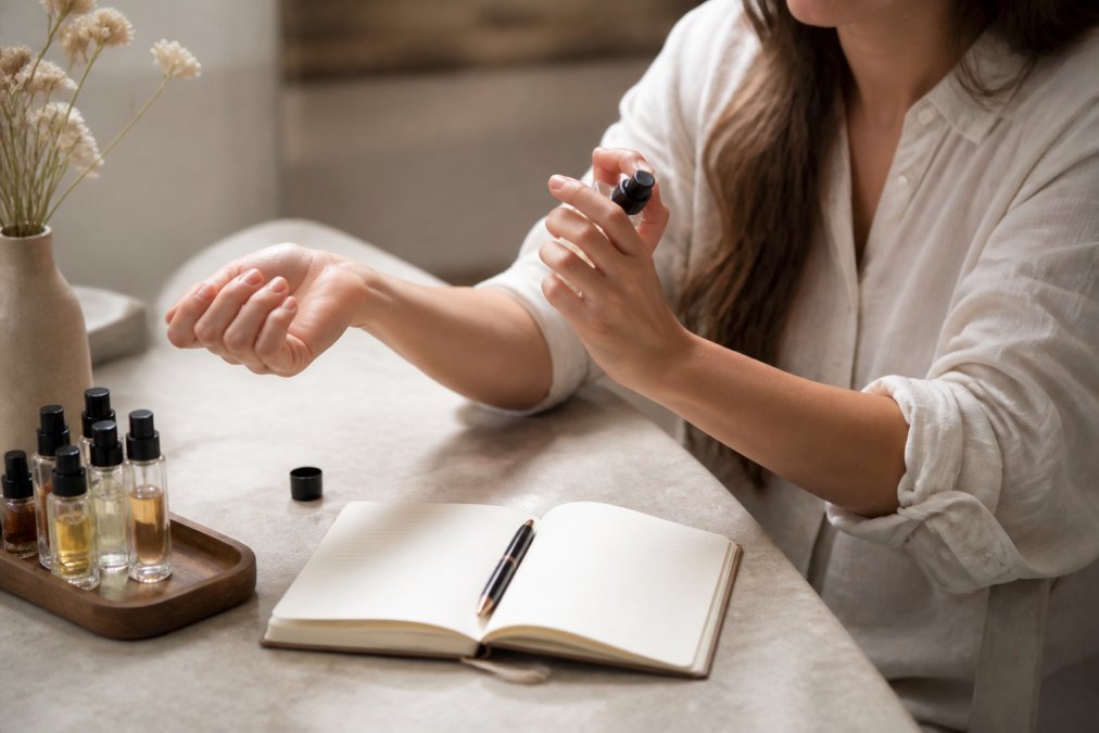 Person spraying fragrance on their inner wrist and examining the scent closely, with a notebook open nearby documenting the dry down progression and longevity observations over time