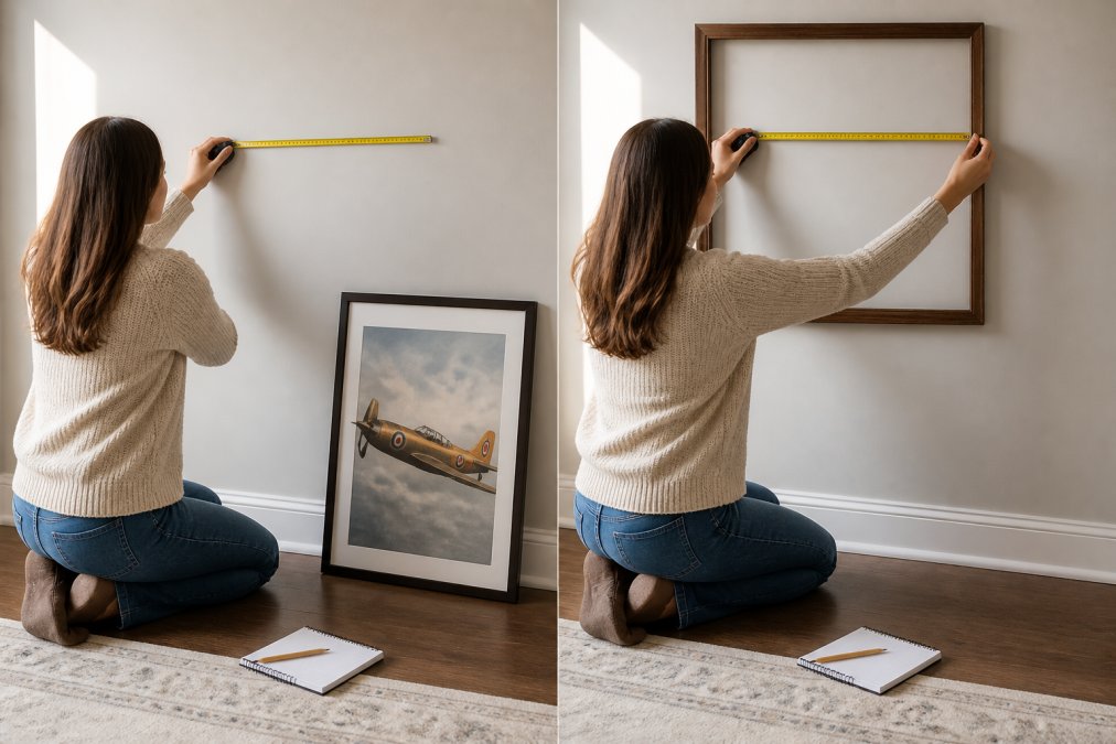 A person holding a measuring tape against a blank wall, with a framed art print leaning nearby and a pencil and notepad on the floor, in a bright room with natural light