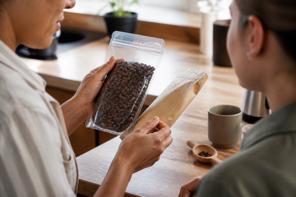 Close-up of hands holding a clear bag of whole coffee beans next to a bag's roast date stamp, with a wooden scoop and mug on a kitchen counter
