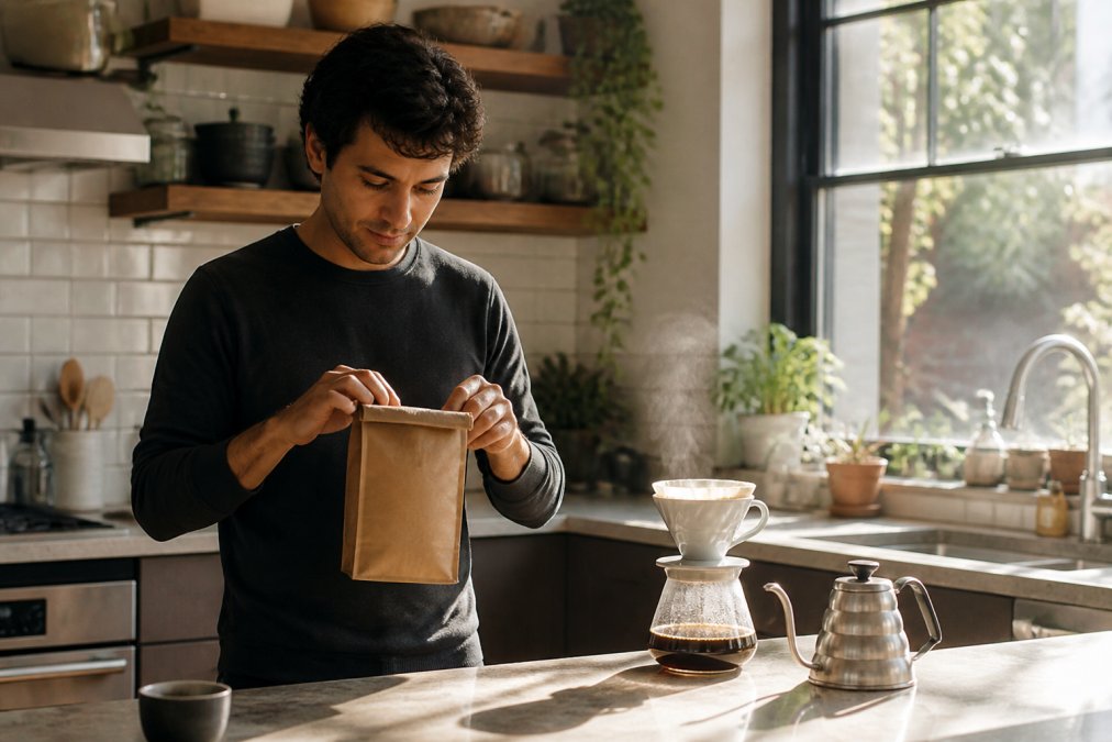 Person opening a bag of beans from a fresh coffee delivery with a steaming pour-over setup in a sunlit kitchen