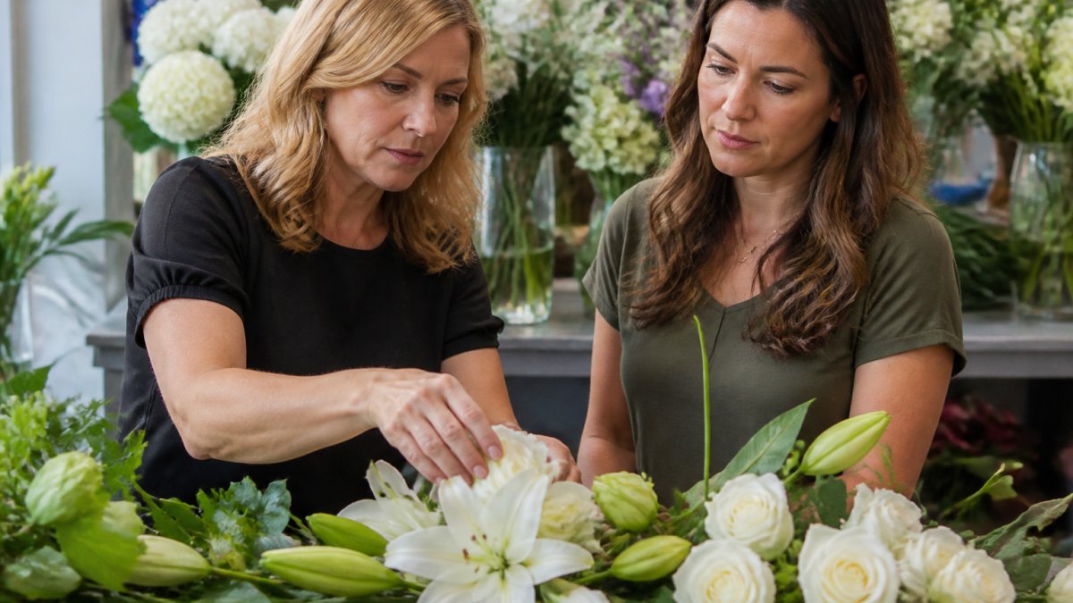 Florist examining fresh white lilies and roses to help you choose fresh sympathy flowers for a funeral service.