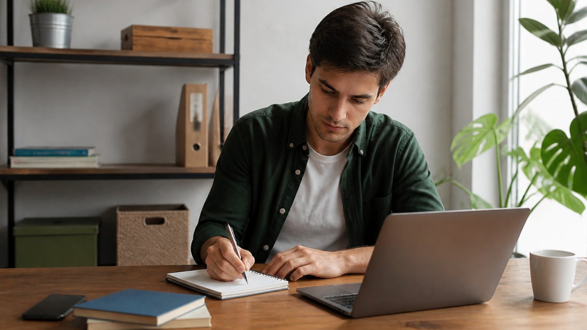 A young entrepreneur working on company ideas at a wooden desk with a laptop and coffee in a home office