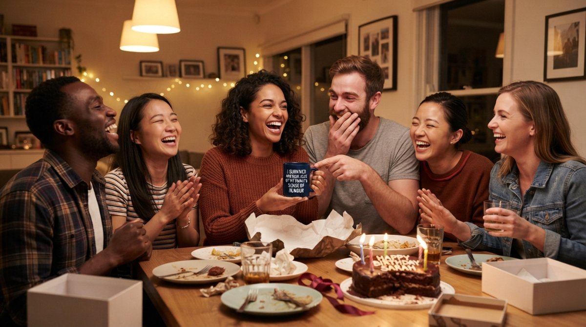 A diverse group of friends laughing together at a birthday celebration, showing genuine reactions to a funny gift being unwrapped in warm indoor lighting