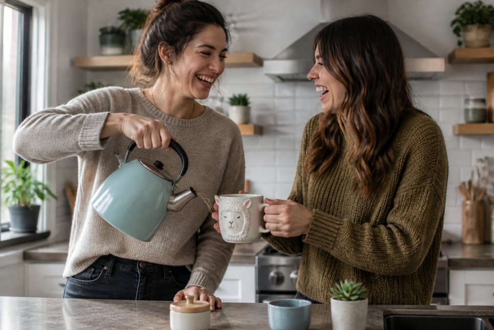 Two friends laughing together in a bright kitchen, one holding a novelty mug with a playful animal design while the other pours tea from a kettle