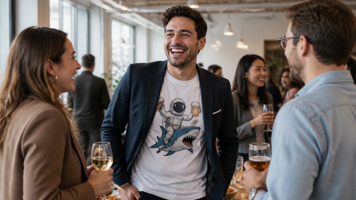 A group of young professionals in a casual office setting, one wearing a witty graphic tee layered under a blazer, laughing together near a happy hour table with drinks