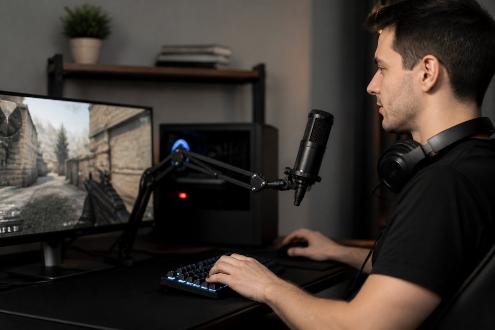 Gamer at a gaming desk with a quality cardioid microphone mounted on an articulating arm, headphones around neck, gaming monitor displaying an active competitive game, LED lighting in background