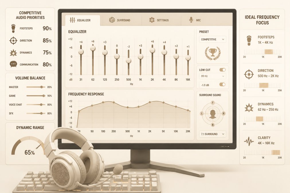 Close-up of a gaming PC monitor displaying audio software interface with EQ sliders, frequency response graph, and audio settings dashboard visible, gaming headset resting on keyboard