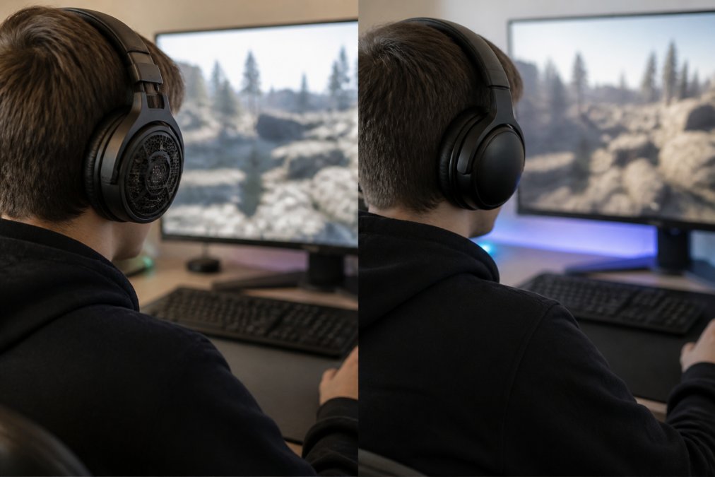 A gamer wearing an open-back gaming headset at a desk, ear cups visibly vented, sitting in front of a monitor in a softly lit room