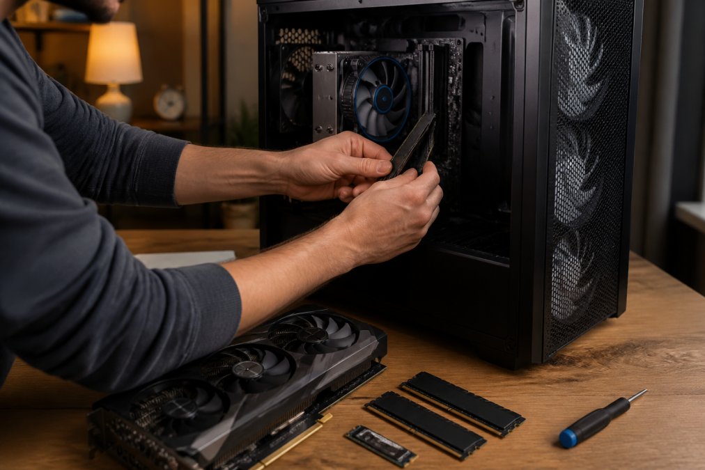 A gamer's hands assembling a desktop PC on a wooden desk, with RAM sticks, an NVMe SSD, and a GPU visible beside an open case in a warm home office