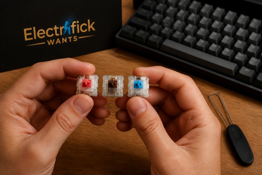 Hands holding three different mechanical keyboard switches with a desk setup in the background