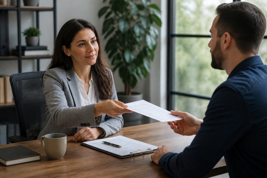 Professional business person in office setting handing official certificate document across desk to client during formal meeting, with both parties reviewing paperwork with focused attention