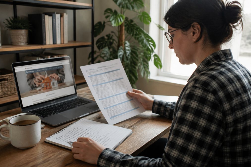 Freelancer at wooden desk in home office reviewing insurance policy documents with laptop open showing insurance website, notepad with handwritten notes, and coffee cup nearby in natural window lighting