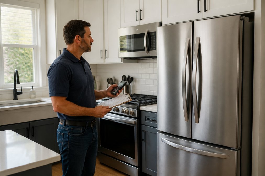 A homeowner standing in a kitchen looking at a refrigerator and microwave, holding a clipboard and calculator, natural light coming through the windows