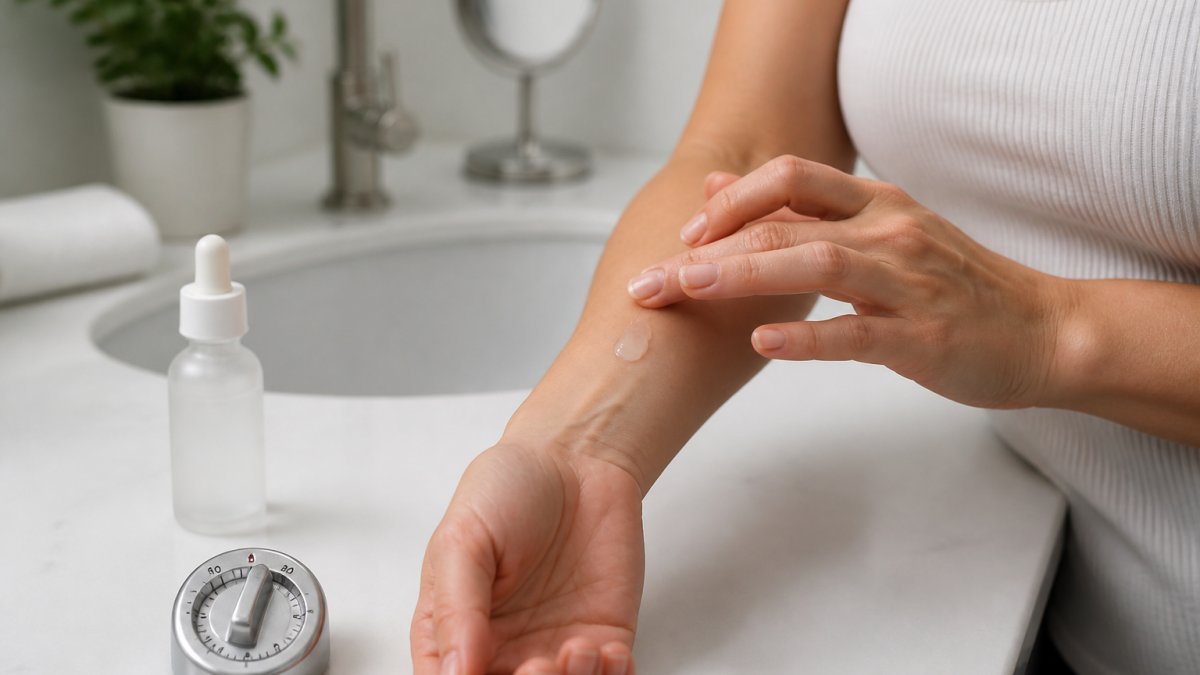 Close-up of a person applying a small amount of skincare product to their inner forearm for a patch test, with a timer and the product bottle nearby on a clean bathroom counter