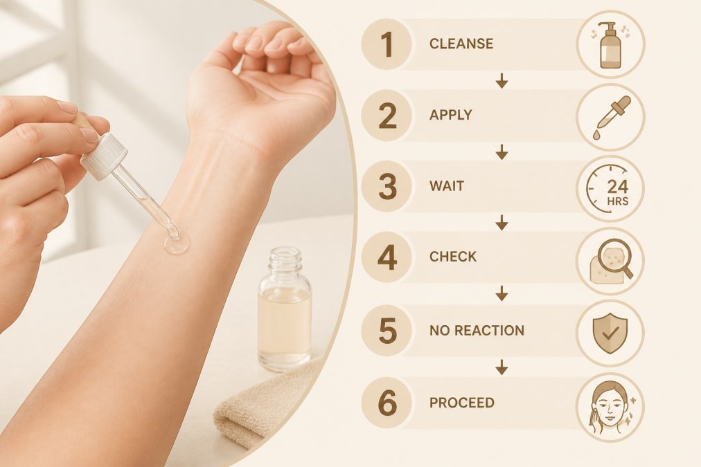 Close-up of someone applying a small amount of clear serum to the inside of their forearm with a dropper, showing the patch testing process on light skin with natural window lighting