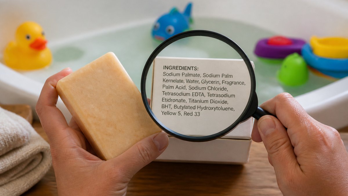 Parent inspecting a handmade soap ingredient label with a magnifying glass near bath toys