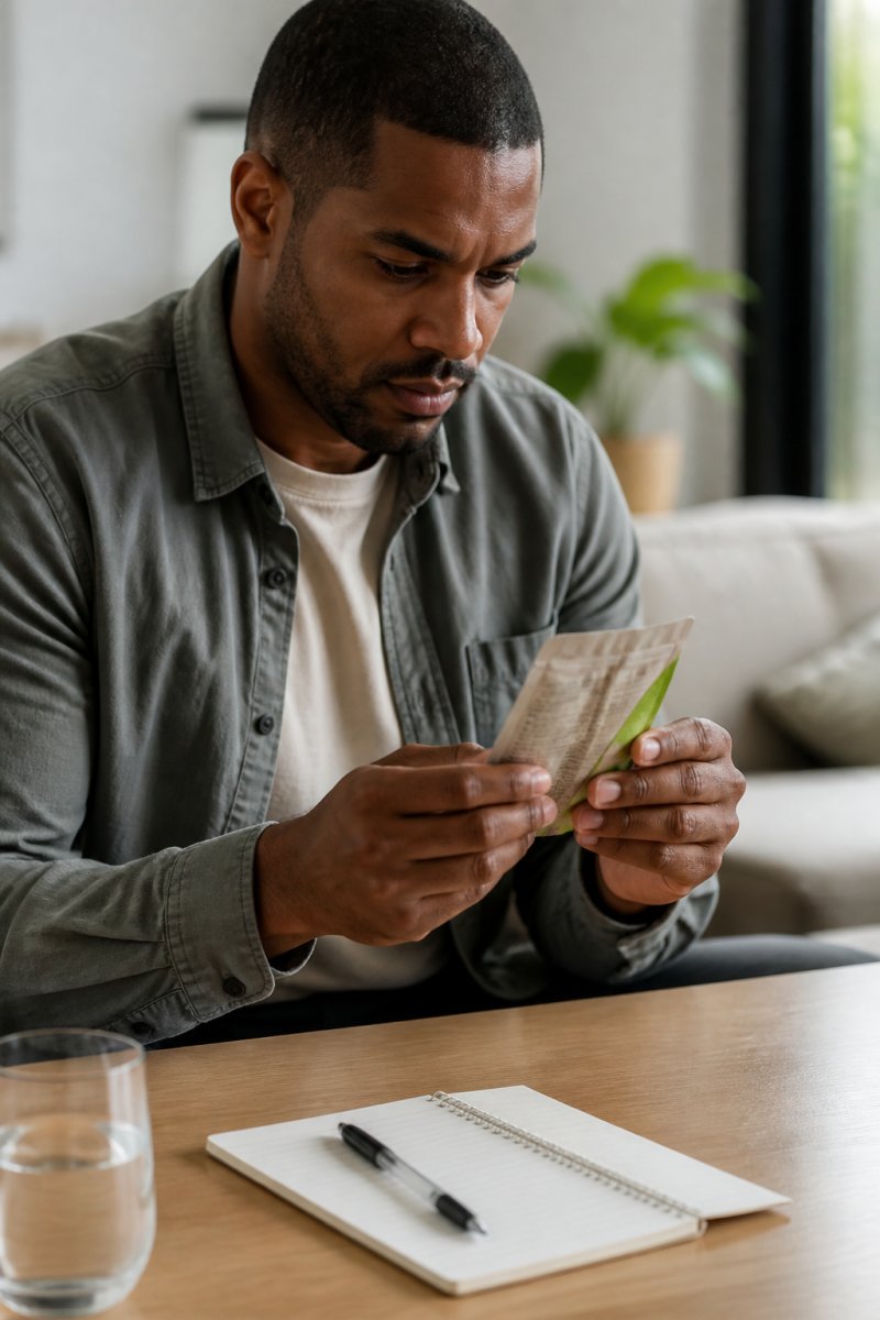 A person carefully reading a THC edible package label, with a notebook and pen on a table, in a bright home setting