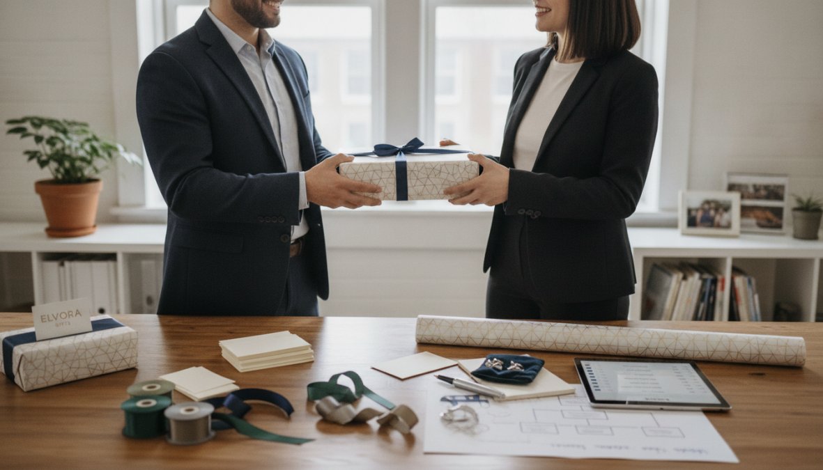 Two business colleagues in a modern office setting exchanging a wrapped gift box, both smiling with genuine appreciation, natural window lighting casting warm tones