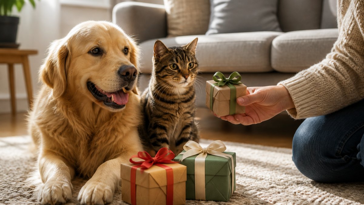 A golden retriever and tabby cat sitting by wrapped gifts as a person offers a small present in sunlight