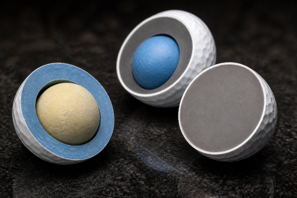 Cross-section of golf balls showing core, mantle, and urethane layers to help you choose golf ball type.