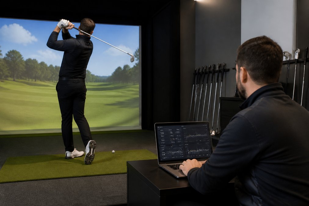 Infographic showing how to choose golf clubs for beginners via professional swing analysis and launch data tracking.